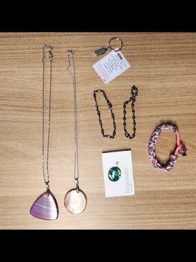 Assorted Pendant Necklaces and Beaded Bracelet Set - Purple, Pink, Black, Silver